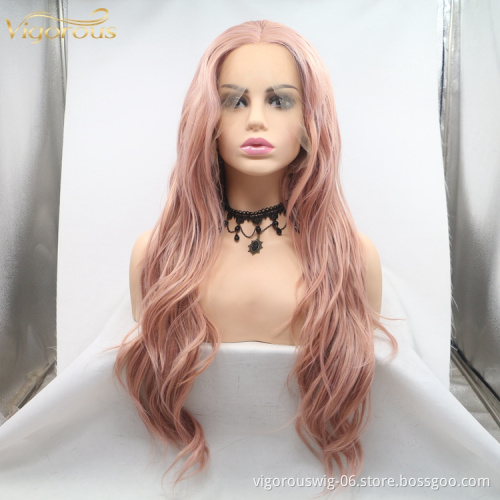 Xuchang Cheap Fashion High Quality Long Natural Wave Pink Color Synthetic Lace Hair Wig Machine Made Fiber Hair Wigs